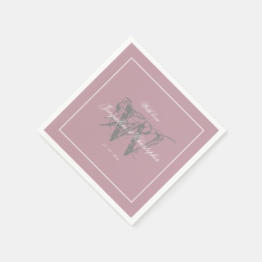 Serviette En Papier Mariage Élégant Monogramme Chic Dusty Papier rose (Coin)