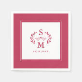 Serviette En Papier Mariage élégant Monogramme Crest Wreath Magenta Ro (Devant)