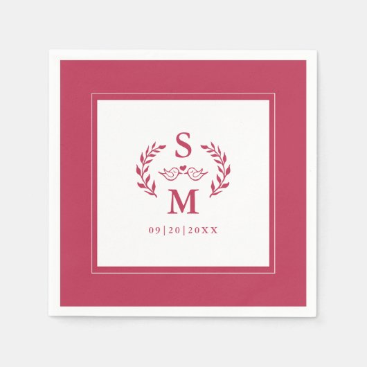 Serviette En Papier Mariage élégant Monogramme Crest Wreath Magenta Ro (Devant)