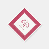 Serviette En Papier Mariage élégant Monogramme Crest Wreath Magenta Ro (Coin)