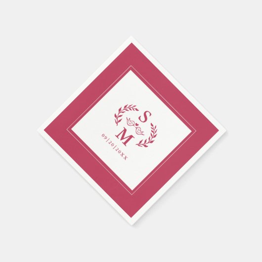 Serviette En Papier Mariage élégant Monogramme Crest Wreath Magenta Ro (Coin)