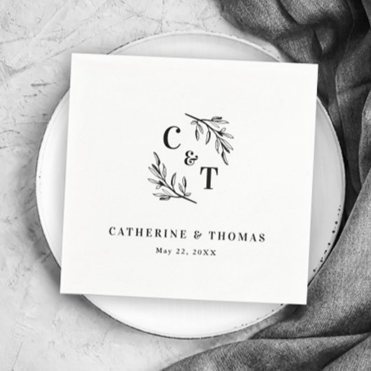 Serviette En Papier Mariage Élégant Monogramme Feuillage