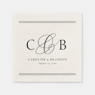 Serviette En Papier Mariage élégant monogramme initiales ivoire et noi