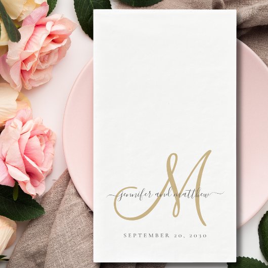 Serviette En Papier Mariage Élégant Monogramme Or Gris Classique Blanc