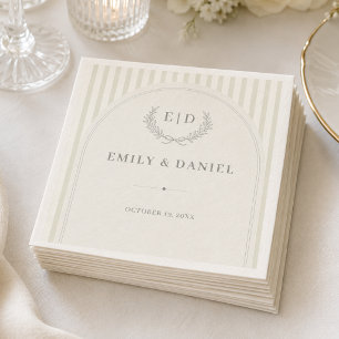 Serviette En Papier Mariage Élégant Monogramme Rayé Vert Sauge