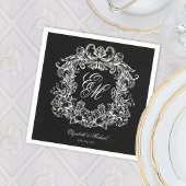 Serviette En Papier Mariage élégant noir blanc monogramme crête script