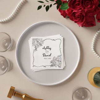 Serviette En Papier Mariage Élégant Noir et Blanc Doodle Floral Mignon