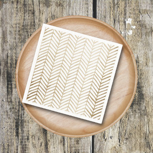 Serviette En Papier Mariage Élégant Or & Blanc Chevron