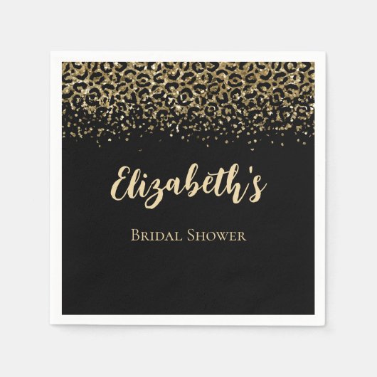 Serviette En Papier Mariage élégant paillettes imprimé léopard or noir (Devant)