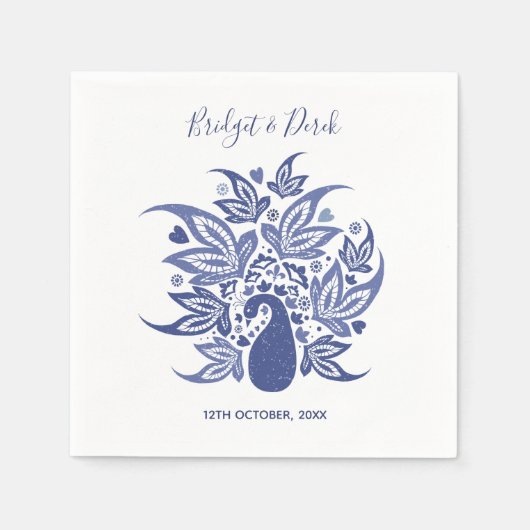 Serviette En Papier Mariage Elegant Peacock Bleu et Blanc Customisé (Devant)