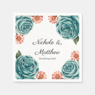 Serviette En Papier Mariage élégant Rose sarcelle & Orange Daisey