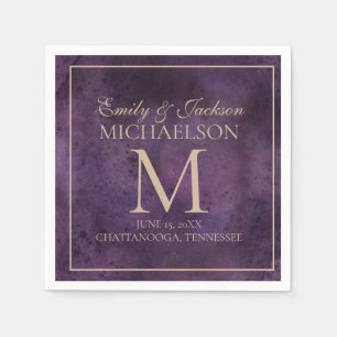 Serviette En Papier Mariage Élégant Rustique Monogramme Or Violet