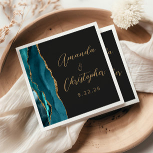 Serviette En Papier Mariage élégant sarcelle bleu or foncé écriture