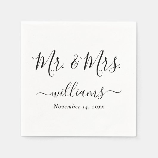 Serviette En Papier Mariage élégant script blanc M. et Mme. (Devant)