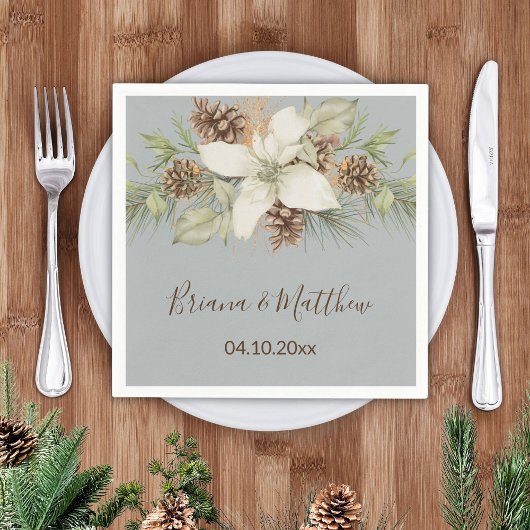 Serviette En Papier Mariage élégant script gris d'hiver