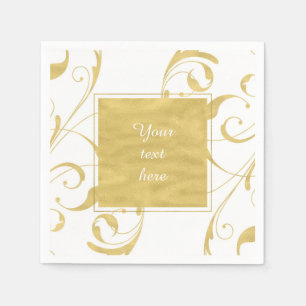 Serviette En Papier Mariage élégant tourbillon floral blanc et or faux