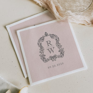 Serviette En Papier Mariage Élégant Vintage Blason Monogramme Rose Pâl