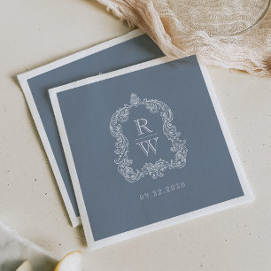 Serviette En Papier Mariage Élégant Vintage Monogramme Blason Bleu Pou