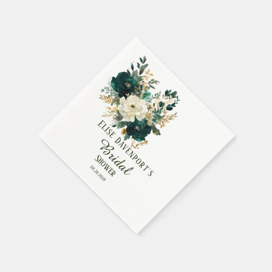 Serviette En Papier Mariage Emerald Green et White Gold Peonies (Coin)