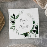 Serviette En Papier Mariage Emerald Greenery<br><div class="desc">Ces serviettes en papier mariage vert émeraude sont parfaites pour une réception de mariage boho. Le design élégant et rustique présente des feuilles d'aquarelle vert foncé moody et des eucalyptus aux tons bohèmes modernes. Personnalisez les serviettes avec les noms de la mariée et du marié, et la date du mariage....</div>