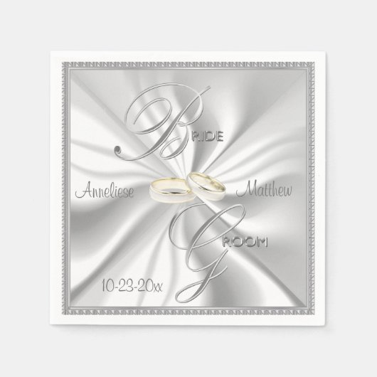 Serviette En Papier Mariage en argent et en satin blanc (Devant)