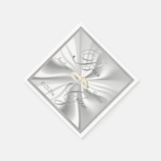 Serviette En Papier Mariage en argent et en satin blanc (Coin)