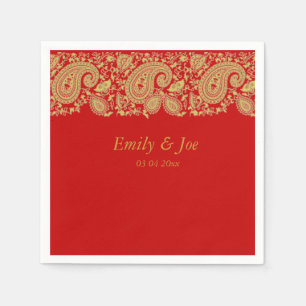 Serviette En Papier Mariage en dentelle rouge et or paisley