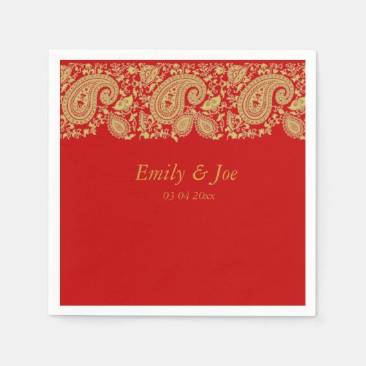 Serviette En Papier Mariage en dentelle rouge et or paisley (Devant)
