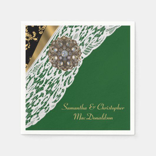 Serviette En Papier Mariage en dentelle verte noire et or blanc (Devant)