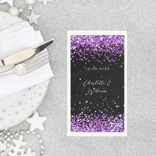 Serviette En Papier Mariage en écriture scintillante violet noir