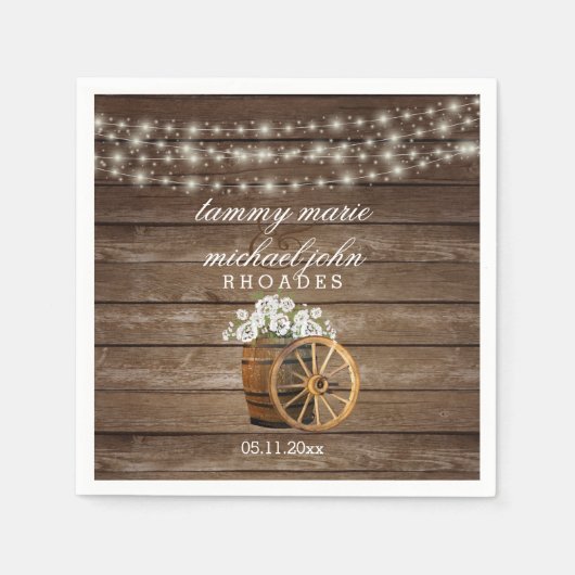 Serviette En Papier Mariage en tonneau rustique en bois avec fleurs bl (Devant)