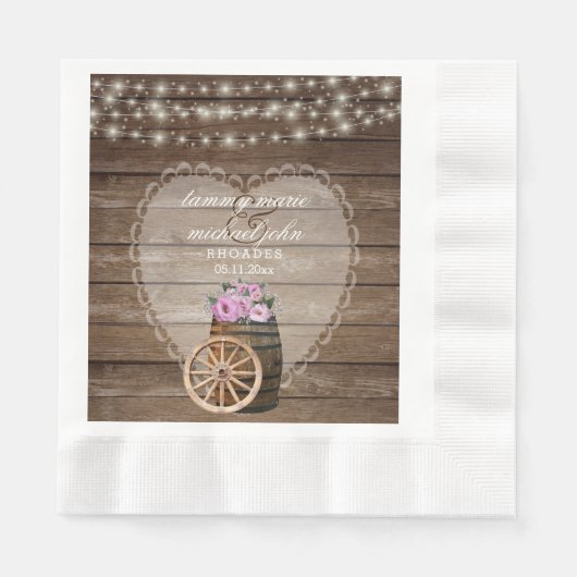 Serviette En Papier Mariage en tonneau rustique et fleurs roses (Devant)