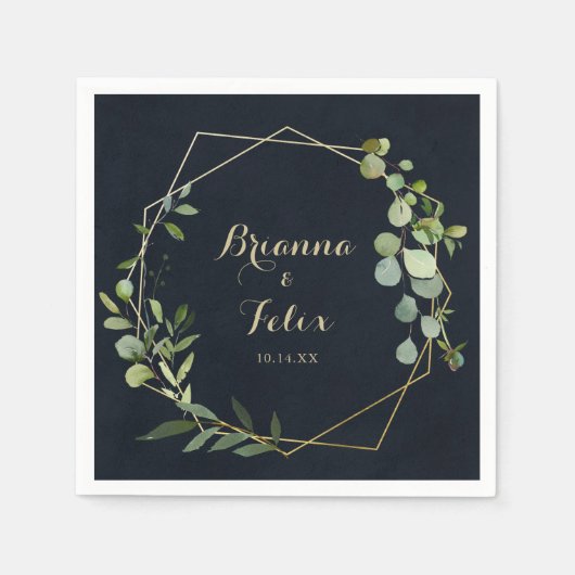 Serviette En Papier Mariage Eucalyptus vert bleu-or géométrique (Devant)