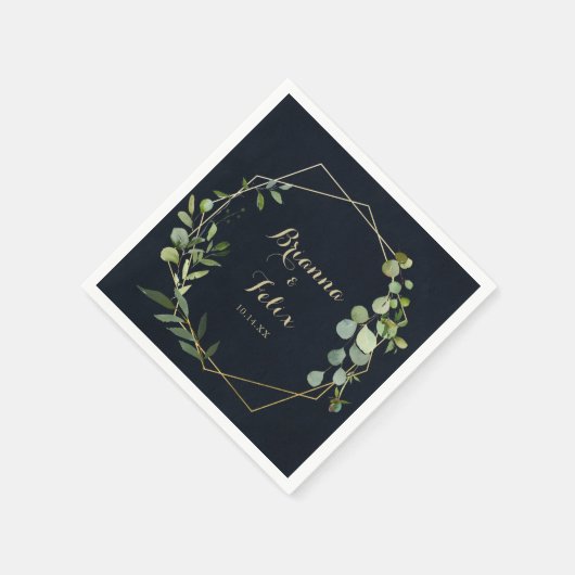 Serviette En Papier Mariage Eucalyptus vert bleu-or géométrique (Coin)