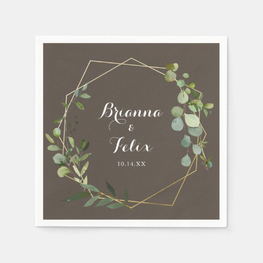 Serviette En Papier Mariage Eucalyptus vert Brown géométrique (Devant)