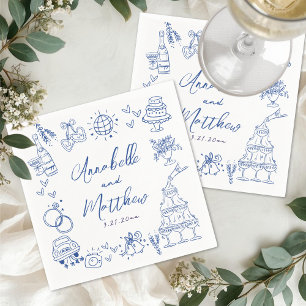 Serviette En Papier Mariage Fantaisiste Bleu Dessiné à la Main