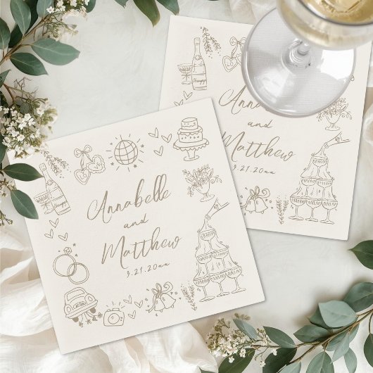 Serviette En Papier Mariage Fantaisiste Dessiné à la Main