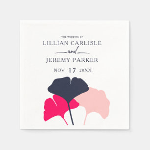 Serviette En Papier Mariage Feuille Bold Modern Navy et Pink Ginkgo