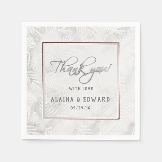 Serviette En Papier Mariage Feuille gris argent et rose pâle (Devant)