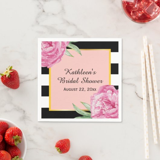 Serviette En Papier Mariage flamme florale noir rayures (En situation)