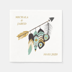 Serviette En Papier Mariage Flèche en plumes turquoises