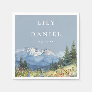 Serviette En Papier Mariage Fleur de Montagne Aquarelle Bleu Poussiére