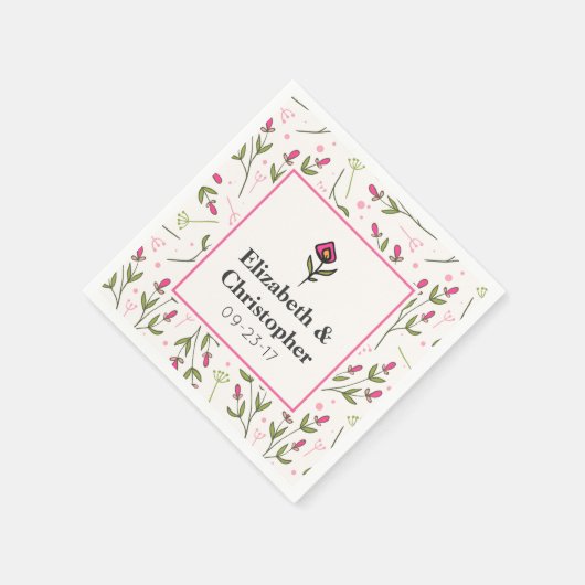 Serviette En Papier Mariage Fleur sauvage à longue tige rose et vert (Coin)