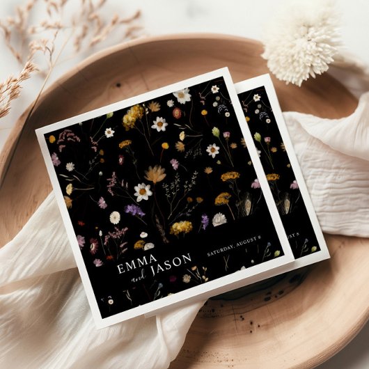 Serviette En Papier Mariage Fleur sauvage Boho noir
