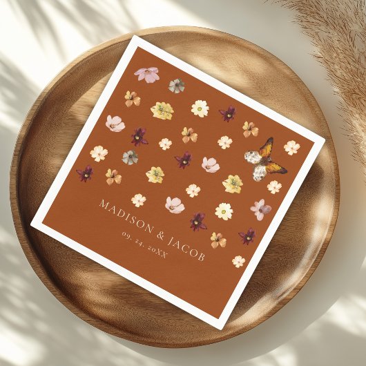 Serviette En Papier Mariage Fleur sauvage de Boho orange brûlé