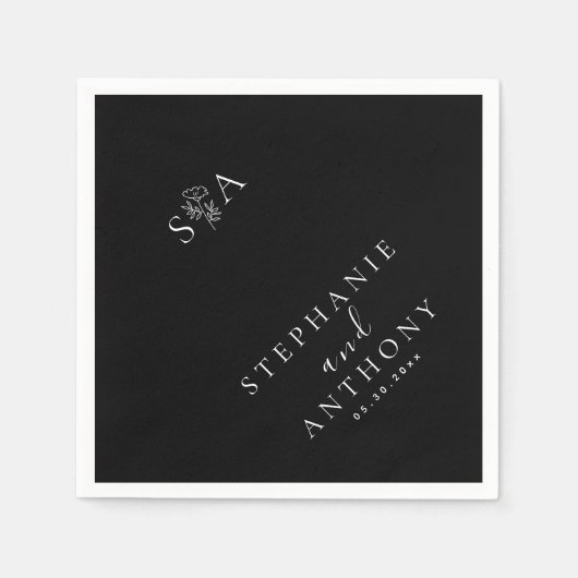 Serviette En Papier Mariage Fleur sauvage noir et blanc Monogramme (Devant)