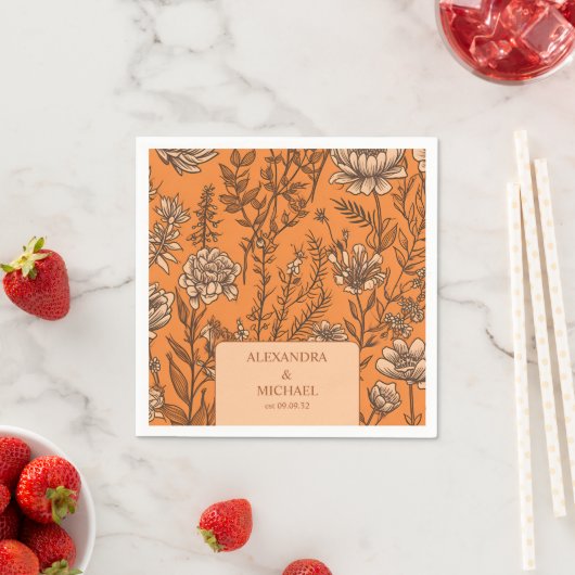 Serviette En Papier Mariage Fleur sauvage orange brûlé (En situation)