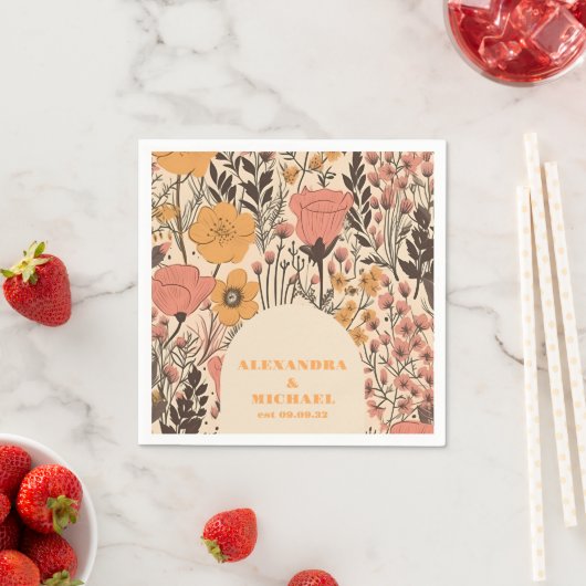 Serviette En Papier Mariage Fleur sauvage rose jaune orange (En situation)