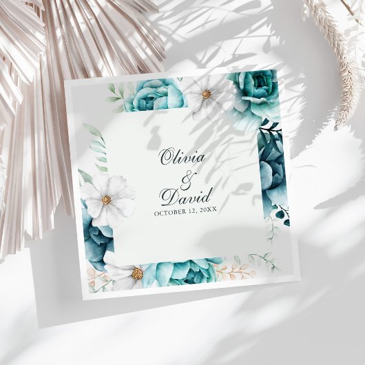 Serviette En Papier Mariage Fleur sauvage turquoise et non blanc