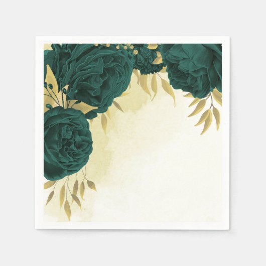 Serviette En Papier Mariage fleuri en or vert émeraude (Devant)